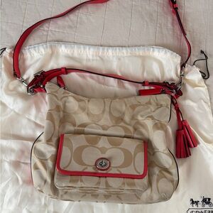 Coach Legacy Signature Khaki and Coral Hobo Bag style 22392